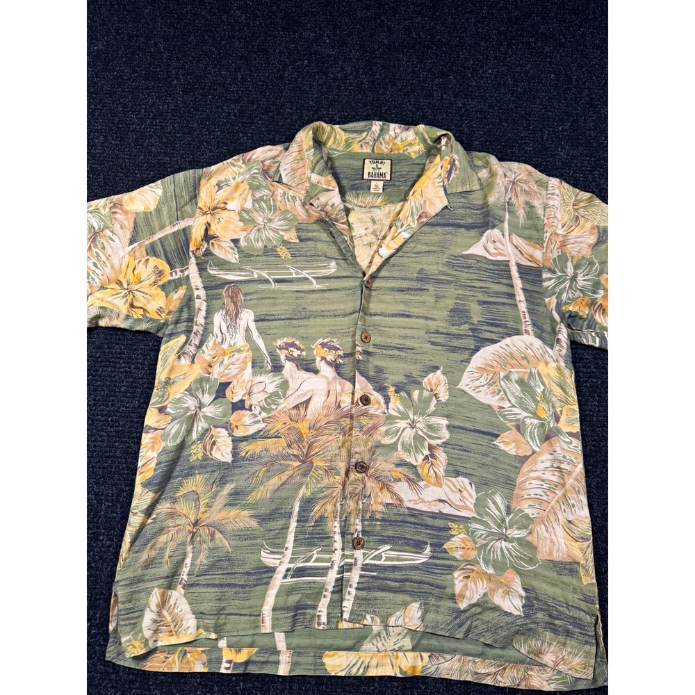 Tommy Bahama Mens L 100% Silk Hawaiian Shirt Hula Girl Canoe Palm Tropical